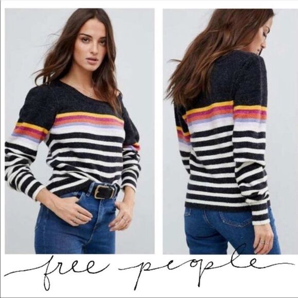 Free People Complete Me 80s style Striped Rainbow Sweater - Picture 2 of 11